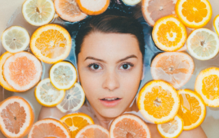 fruit slices and a person in the water